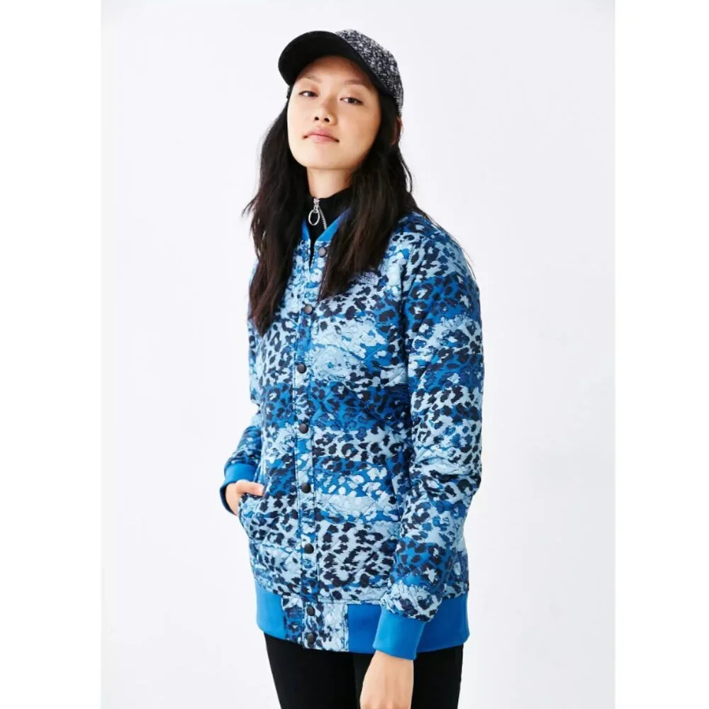 The North Face Anna Quilted Bomber Jacket Womens XS Blue Leopard Print Insulated